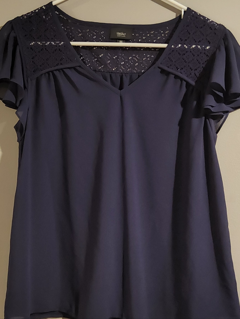 Massimo sz Medium ~ Navy Crochet Yoke Flutter-Sleeve Top